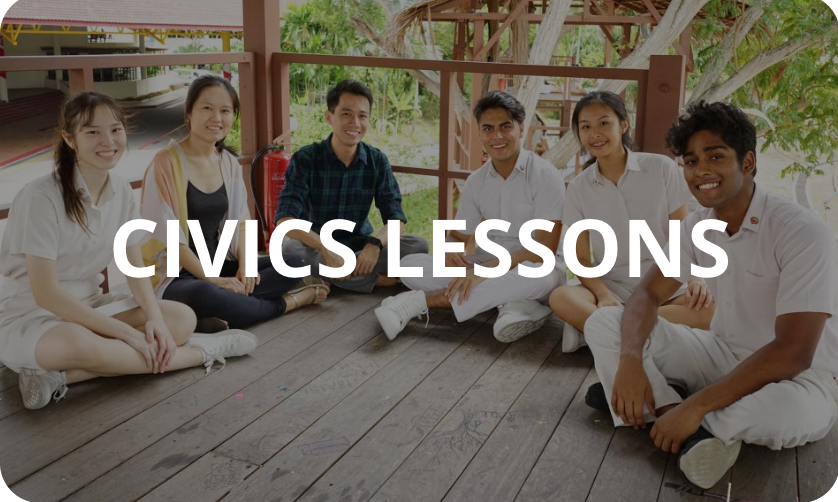 Six smiling students sitting on a wooden floor outdoors with text reading Civics Lessons overlaid.